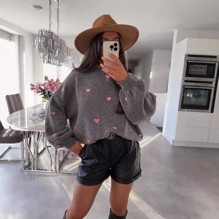 Kvinder hyggelig strik sweater med hjertemotiv og løs pasform Stilla