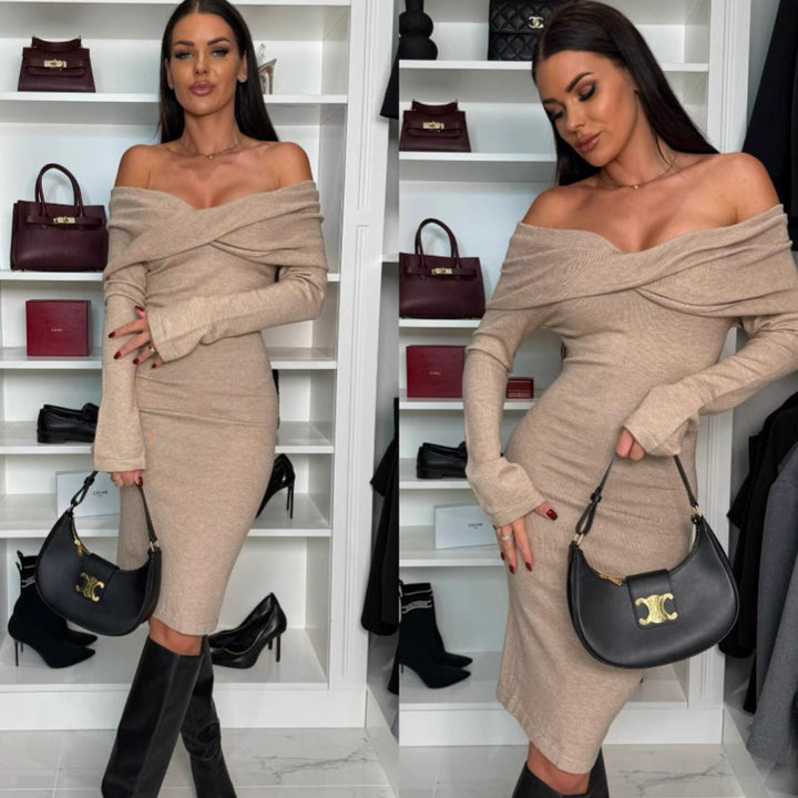 Damer Off-Shoulder Strik Midi Kjole Stilla