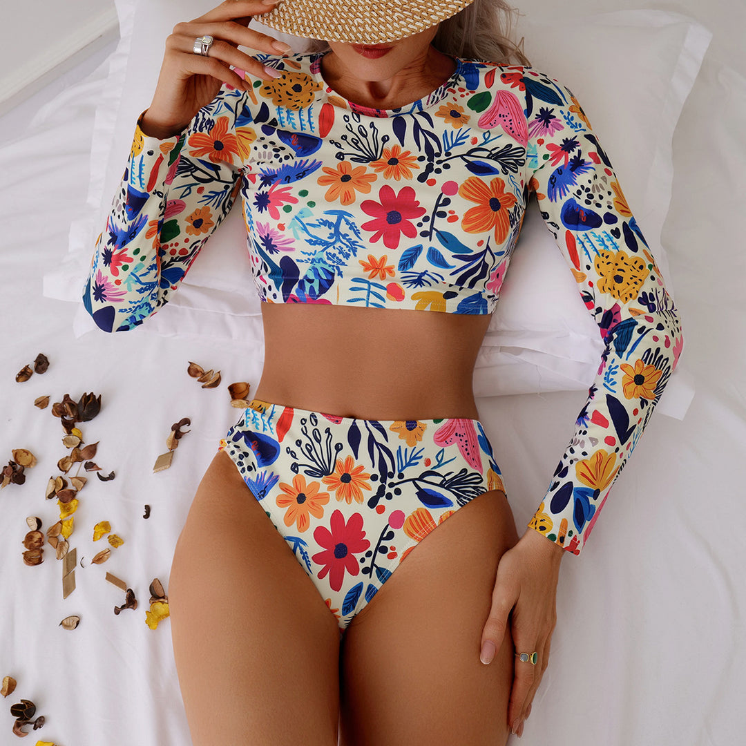 Damer Langærmet Bikini-Sæt med blomsterdesign og høj skæring Stilla