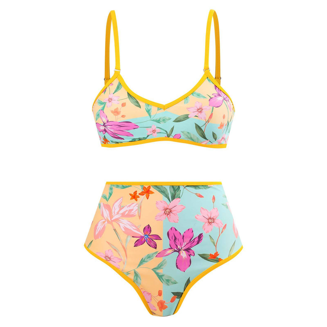 Dame Højskåret Bikini med blomster mønster og kontrasterende detalje Skovae