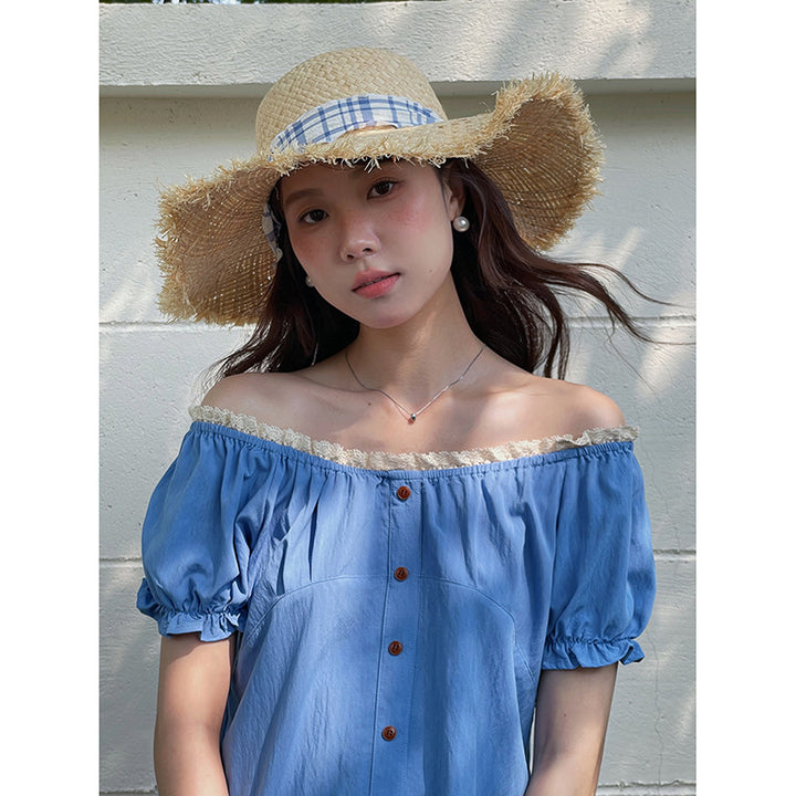 Dame Off-Shoulder Bluse med knapdetaljer og elastiske ærmer Stilla
