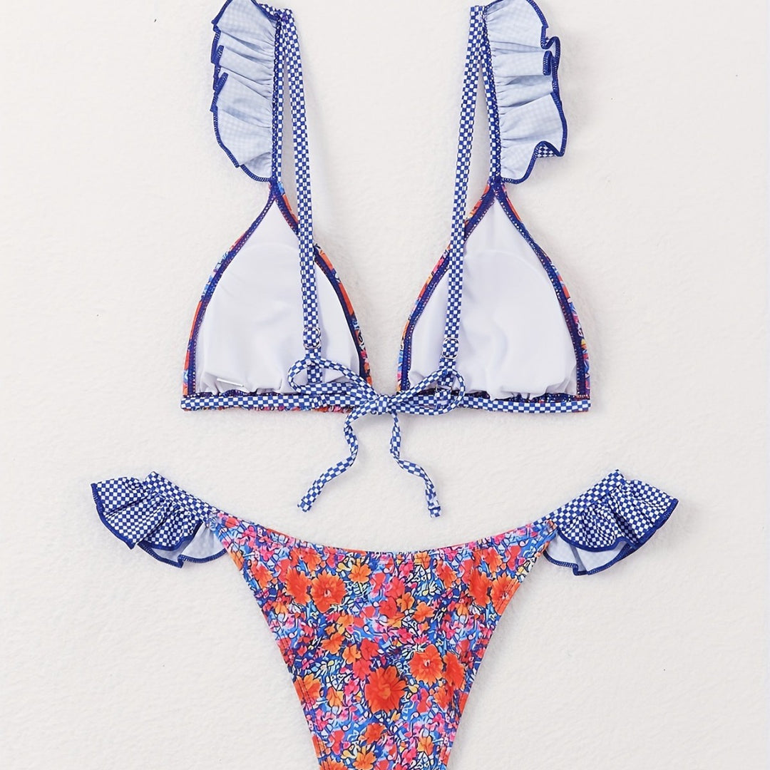 Dame triangel-bikini-sæt med florale ruffles-detaljer og justerbare stropper Stilla