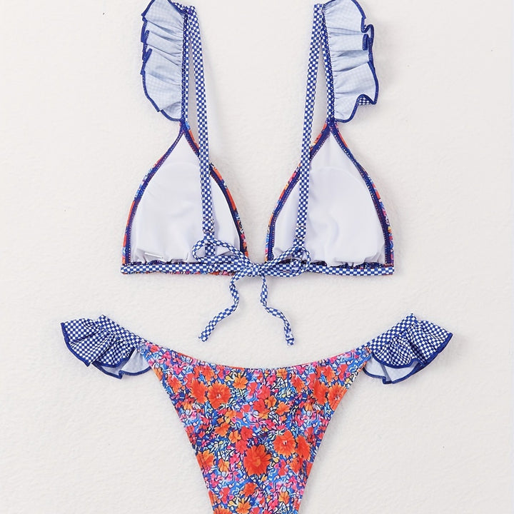 Dame triangel-bikini-sæt med florale ruffles-detaljer og justerbare stropper Stilla