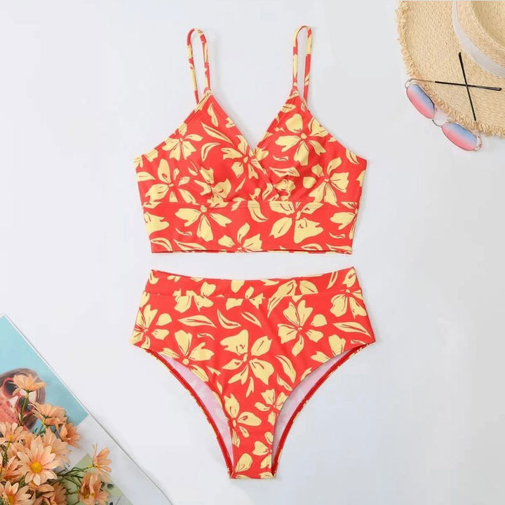 Dame To-delt Bikini-sæt med blomstformet Crop-top og højtaljede trusser Skovae