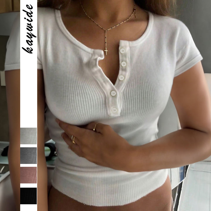 Dame Kortærmet Henley T-shirt med kvalitets ribstruktur og tilpasset udskæring Stilla
