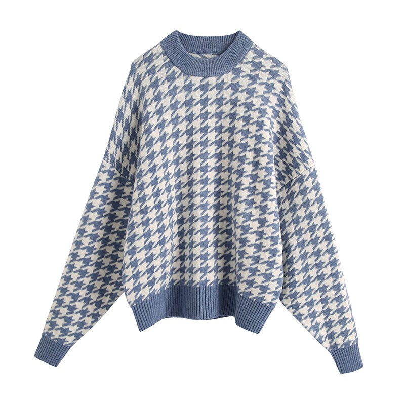 Kvinders oversized strikket sweater med moderne hundetandmønster og afslappet pasform Stilla