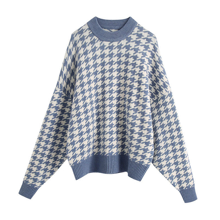Kvinders oversized strikket sweater med moderne hundetandmønster og afslappet pasform Stilla