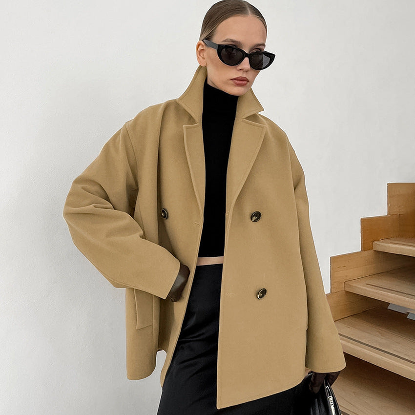 Dame Elegant Oversized Uldjakke med dobbelt knaplukning og praktiske lommer Stilla