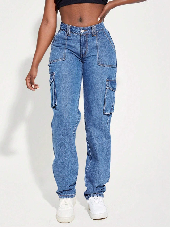 Dame Vintage Cargo Jeans med elastisk talje og sidelommer Stilla