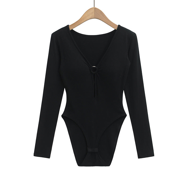 Dame Langærmet bodystocking med elegant V-hals og raffineret knude Stilla