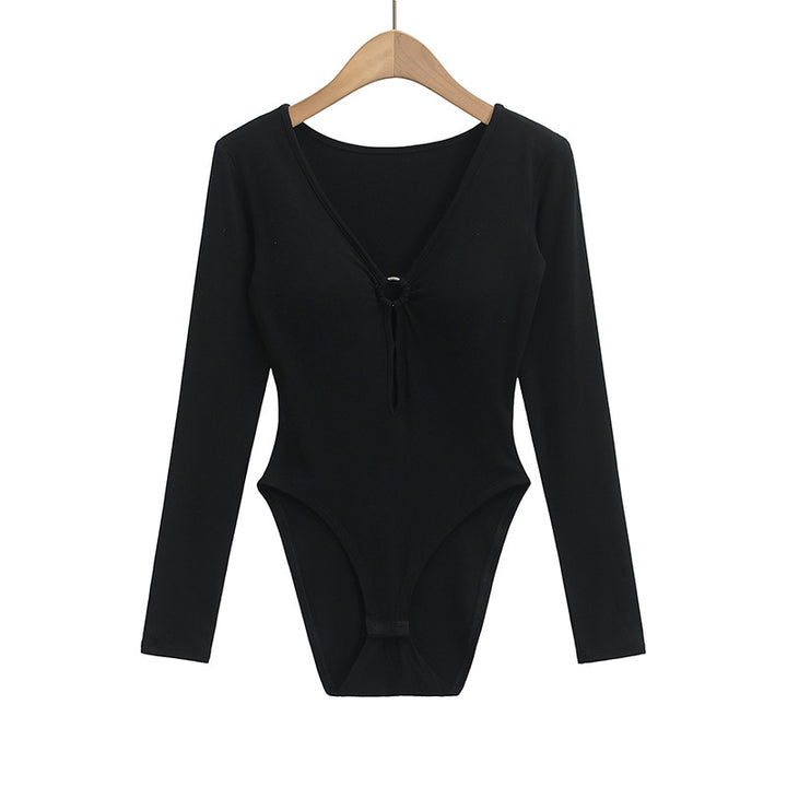 Dame Langærmet bodystocking med elegant V-hals og raffineret knude Stilla
