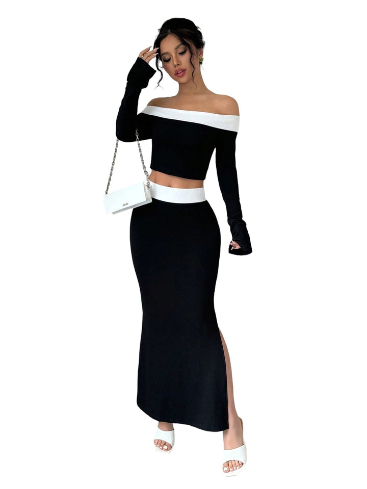 Kvinders Crop Top og Maxi Nederdel Sæt med Off-Shoulder Design Stilla