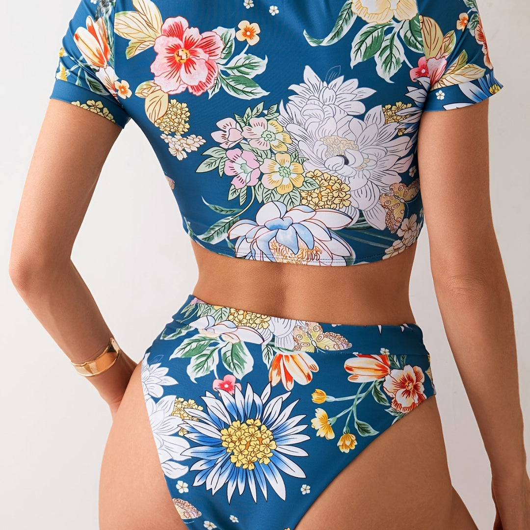 Damer Crop-Top Bade-Sæt med blomsterdesign og høj benudskæring Stilla