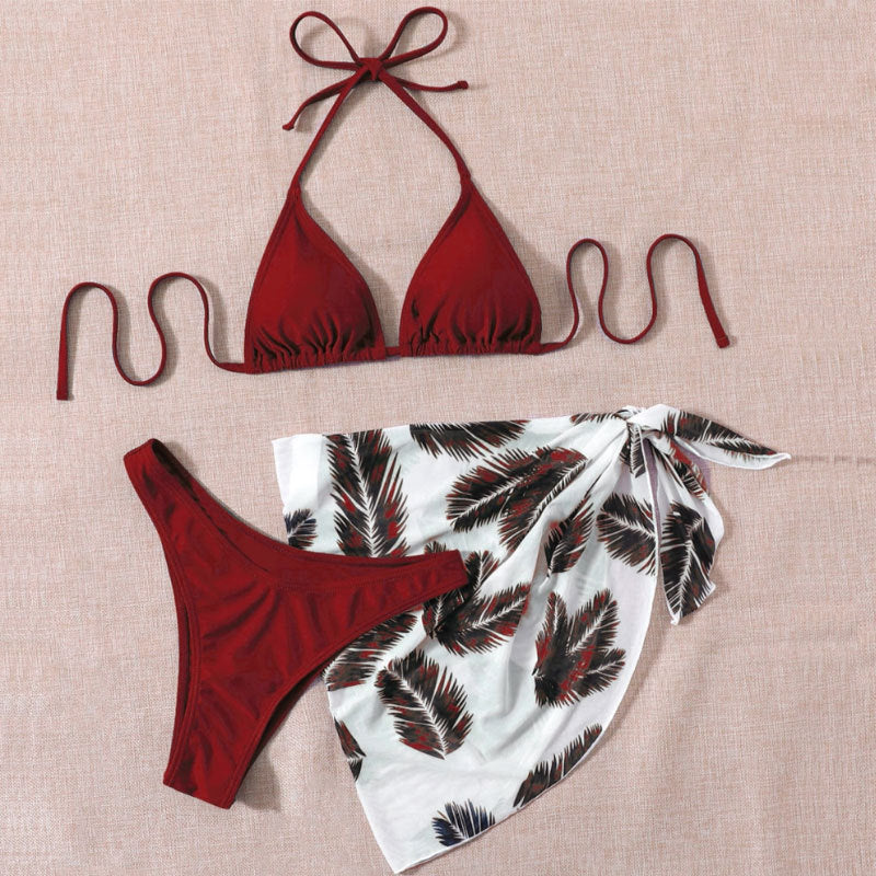 Dame Triangel-Bikini med et trendy blad-mønster og en afslappet indpakningskjole Skovae