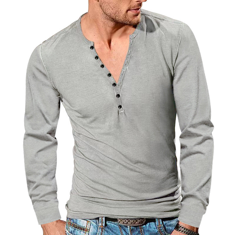 Herrer nan tætsiddende langærmet Henley shirt med kort knaplukning lavet af strækbomuld Skovae