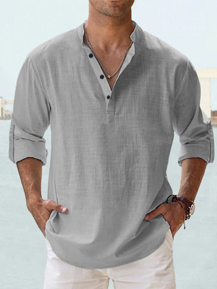 Herrer nan legeres linned Henley-skjorte med ståkrave, oprullede ærmer og buet kant Skovae