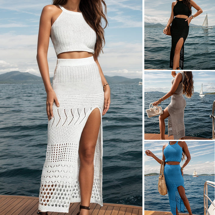 Dame hæklede maxi-nederdel-outfit med feminine slidsdetaljer og cropped top Skovae
