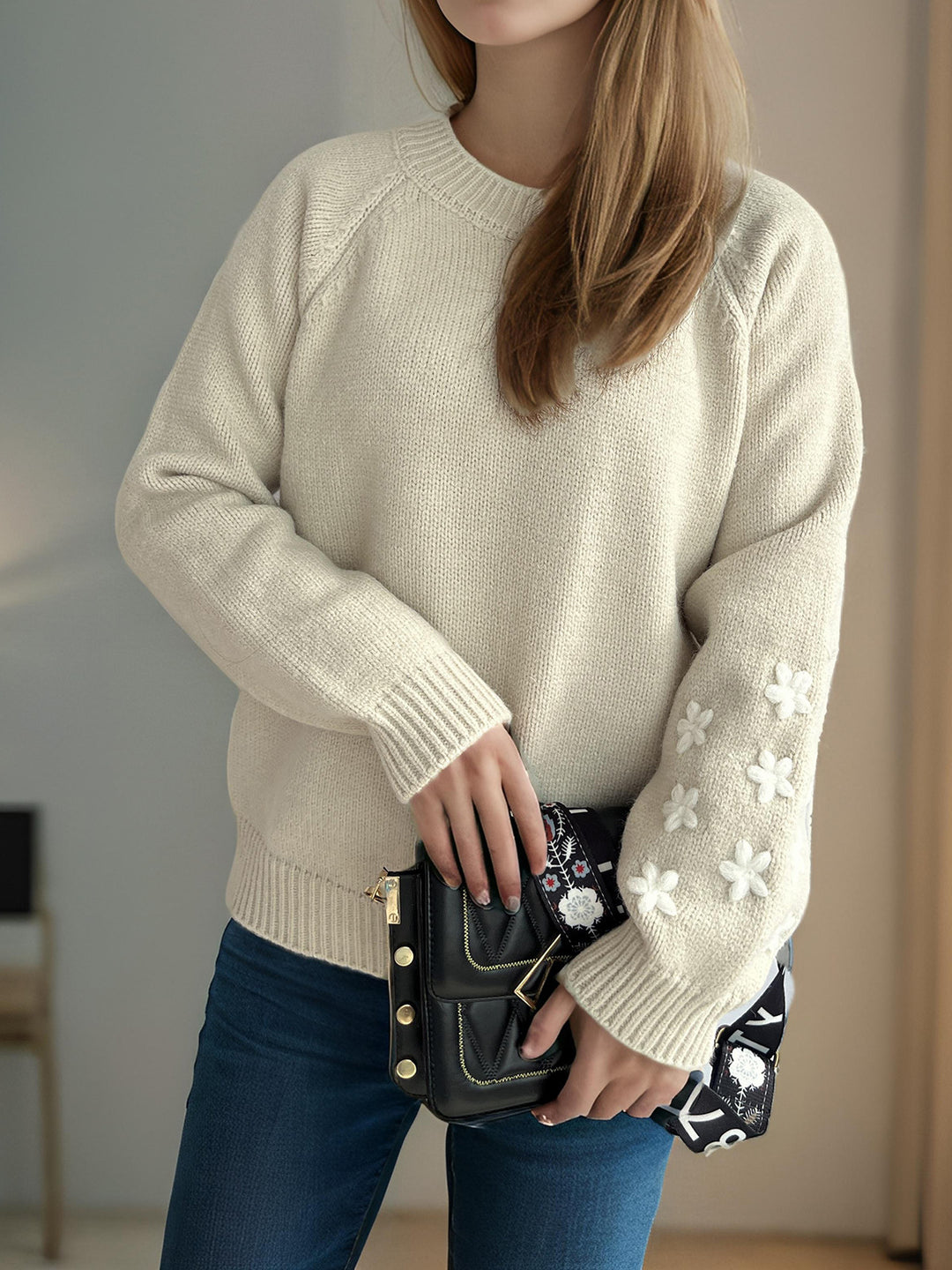 Kvinder strik sweater med blomsterapplikationer og afslappet pasform Stilla
