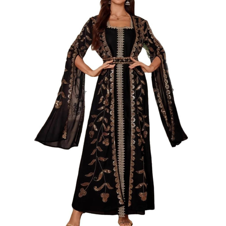 Kvinders elegante kaftan kjole med detaljeret broderi og flydende snit