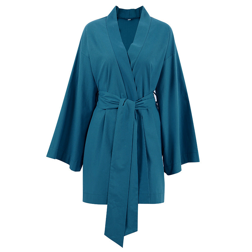 Dame kimono-inspireret morgenkåbe med elegant taljebælte Stilla