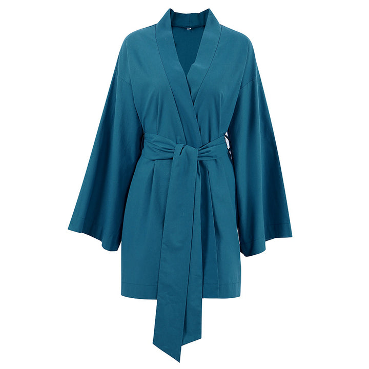 Dame kimono-inspireret morgenkåbe med elegant taljebælte Stilla