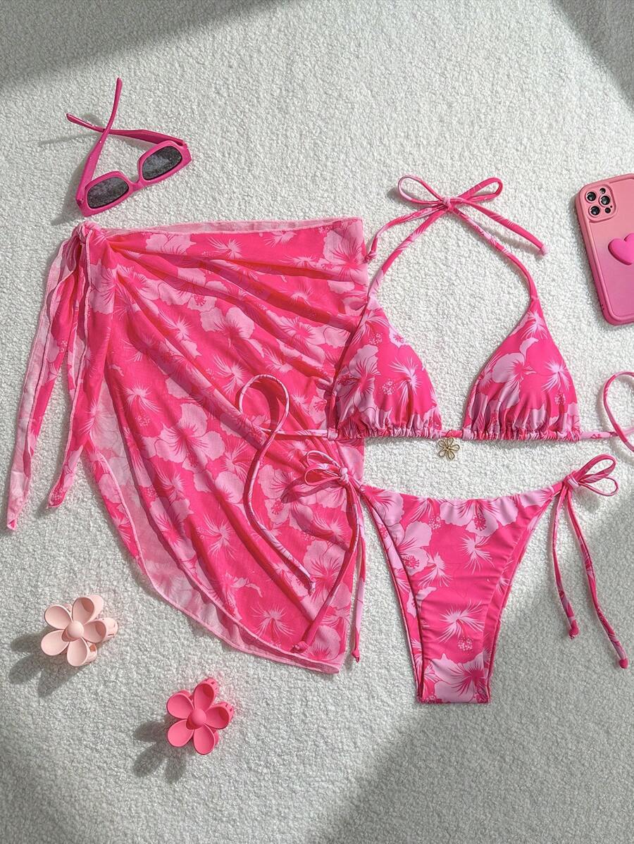 Dame Triangle-Bikini-Sæt med justerbare stropper og indpakningstykke Skovae