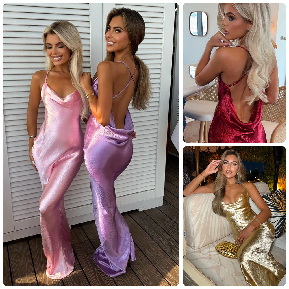 Dame glamour aftenkjole med glitrende satin og spaghetti-stropper Skovae