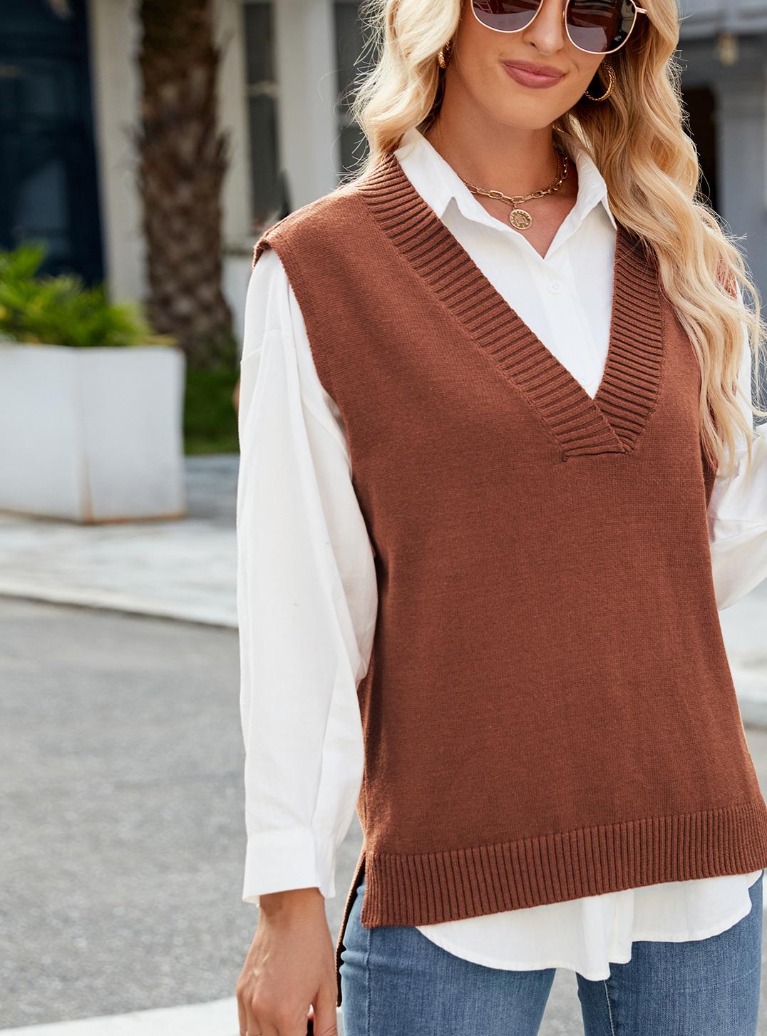 Dame Elegant Strikpullover uden ærmer med V-hals og afslappet snit Stilla