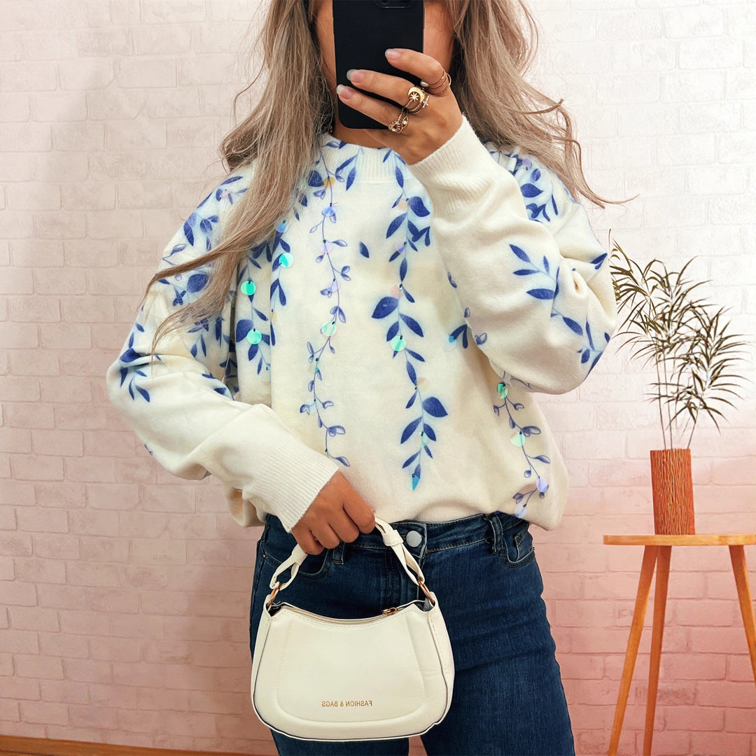 Kvinders hyggelige oversized sweater med blomstret appliké design Stilla
