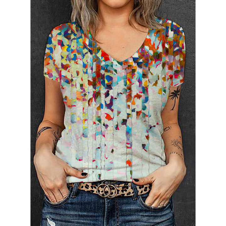 Dame V-hals T-shirt med floralt overblendedesign Skovae