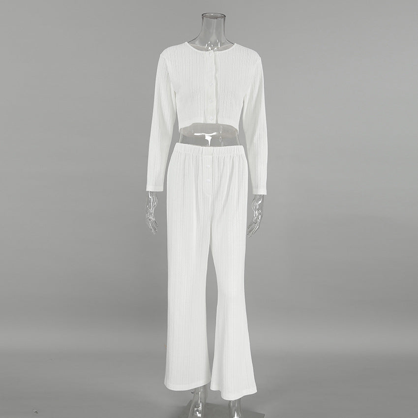 Dame hyggeligt strikket loungewear-sæt med knaplukning og løs pasform Stilla