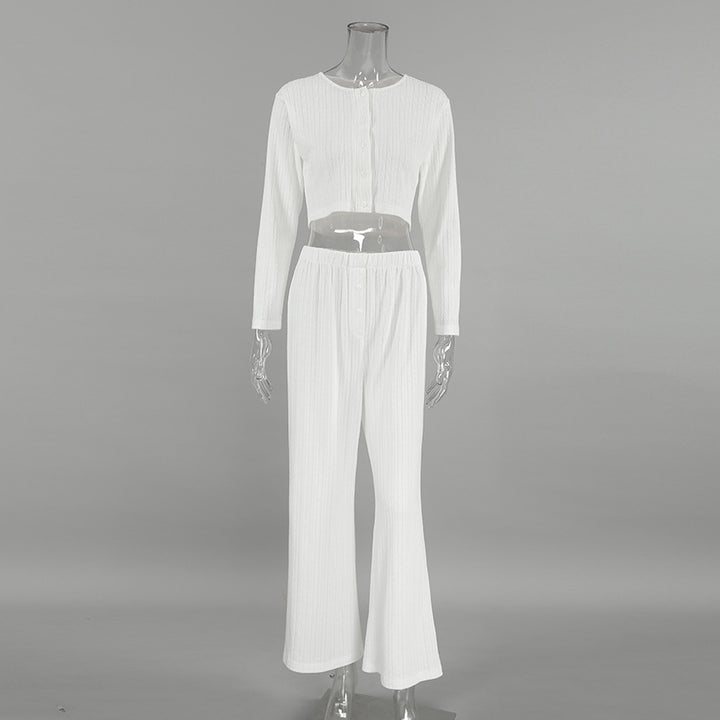 Dame hyggeligt strikket loungewear-sæt med knaplukning og løs pasform Stilla