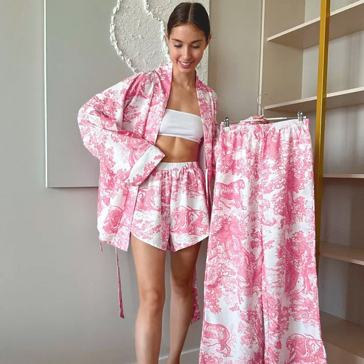 Dame kimono-inspireret fritidssæt med shorts og langbukser Stilla