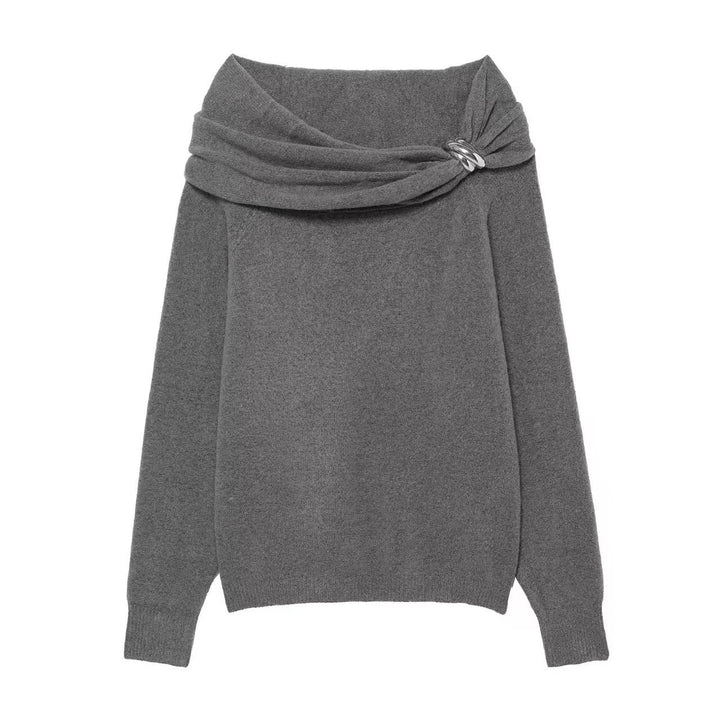 Damer Elegant Sweater med Asymmetrisk Sjalskrave og Dekorativ Lukning Stilla