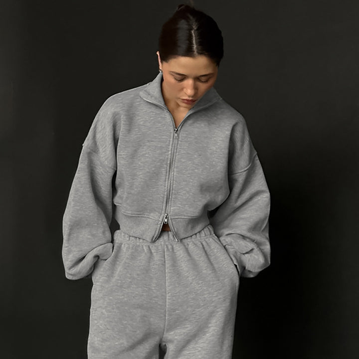 Dame Sportslig Cropped Hoodie med Lynlås og Voluminøse Ærmer Stilla