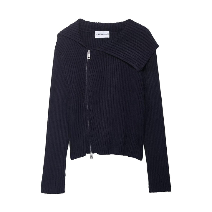 Dame stilfuld strikpullover med asymmetrisk krave og lynlås Stilla