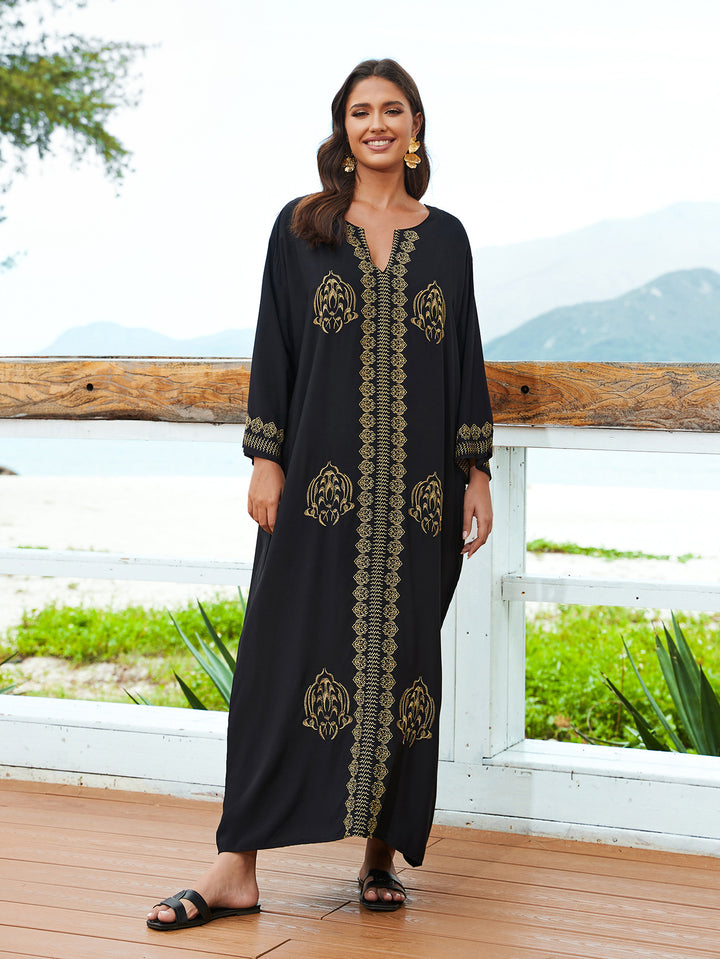 Dame Kaftan med kunstneriske gyldne broderier og elegant snit Stilla