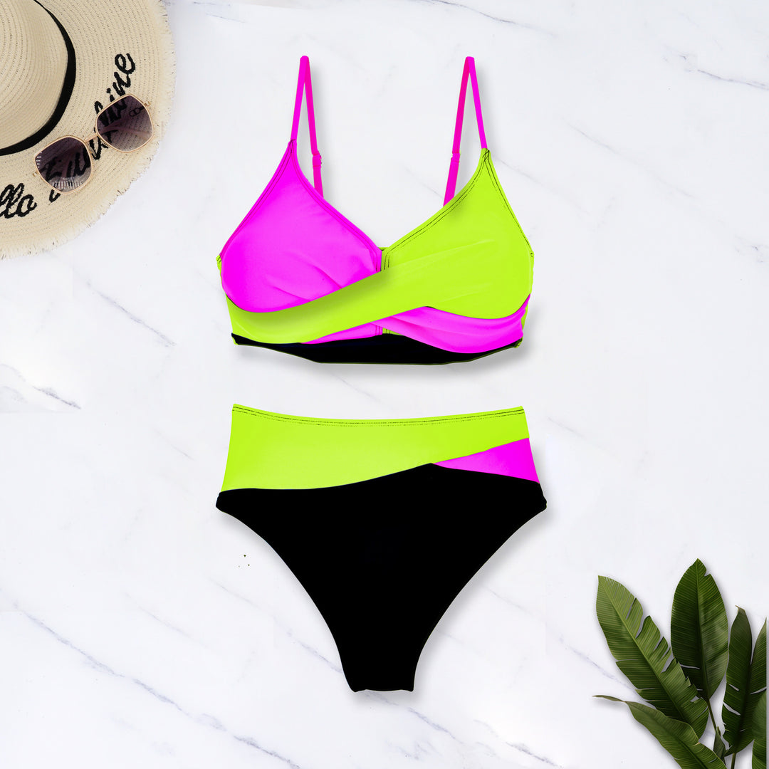 Damer Farverig mønstret Bikini med krydset design og høj talje Stilla