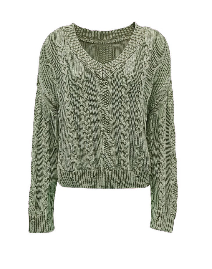 Kvinders strikket pullover med kabelmønster og V-hals Stilla