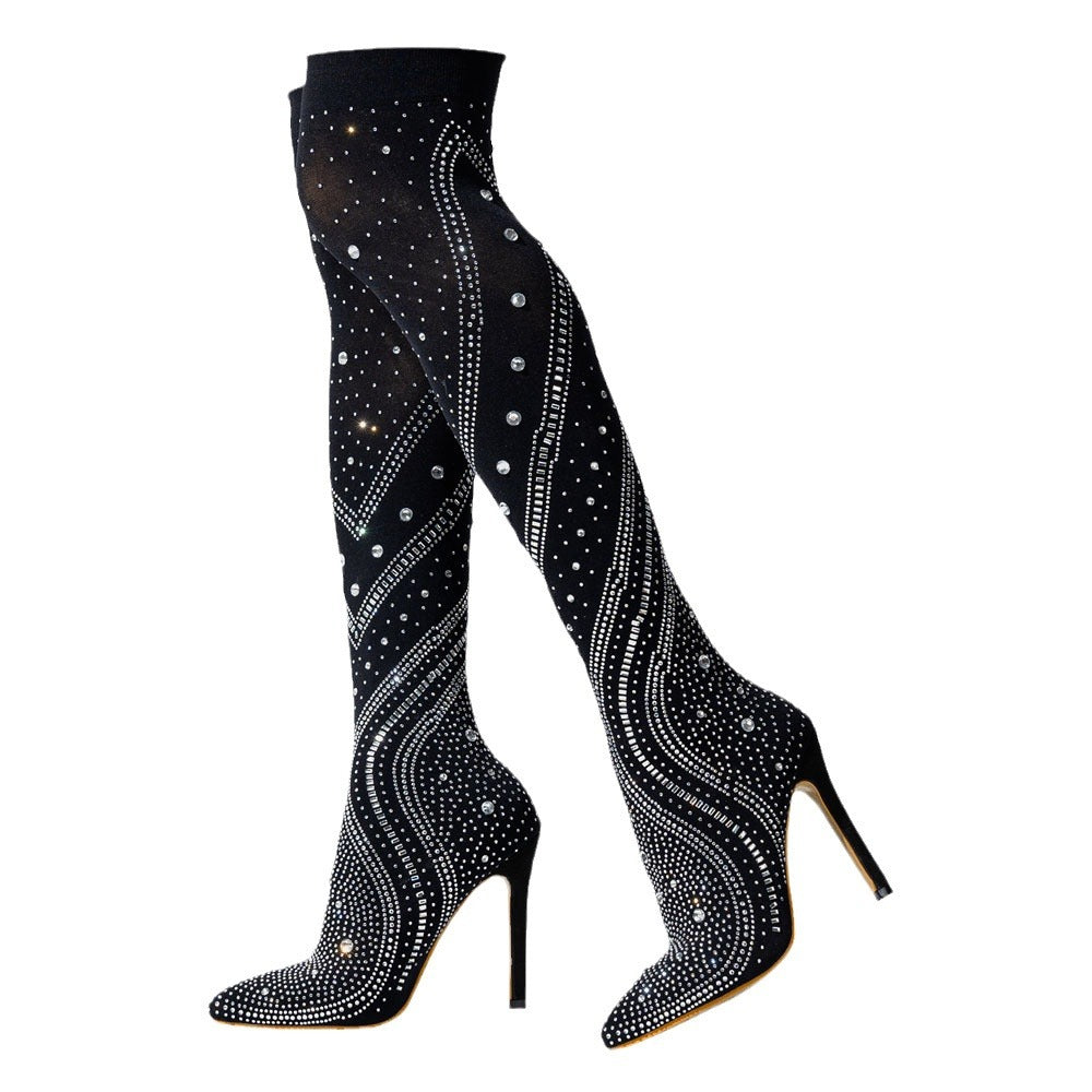 Dame High Heel Overknee Støvler med Strassdetaljer og figursyet Silhuet Stilla