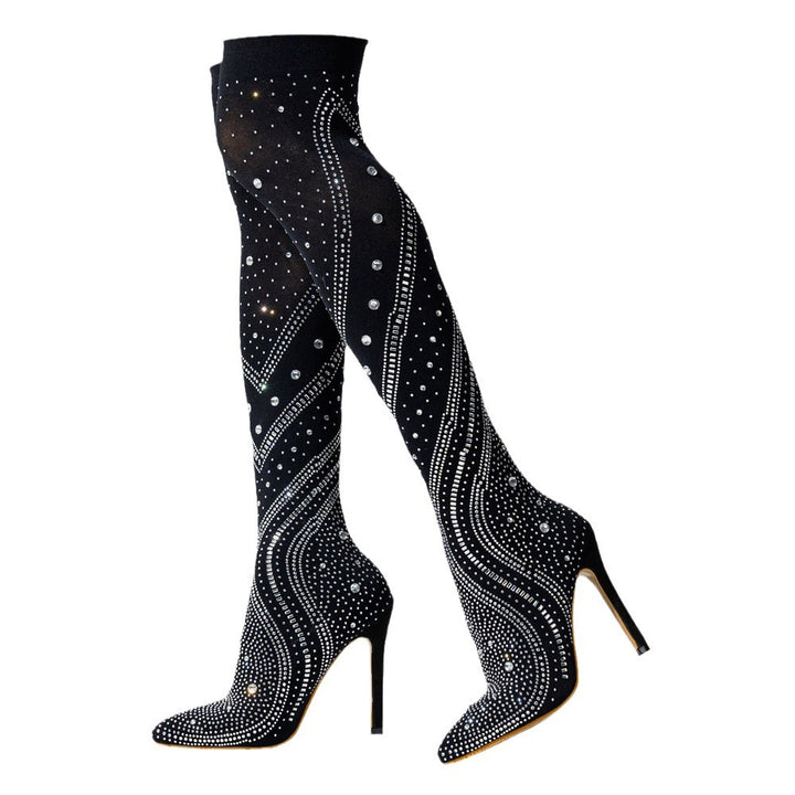 Dame High Heel Overknee Støvler med Strassdetaljer og figursyet Silhuet Stilla