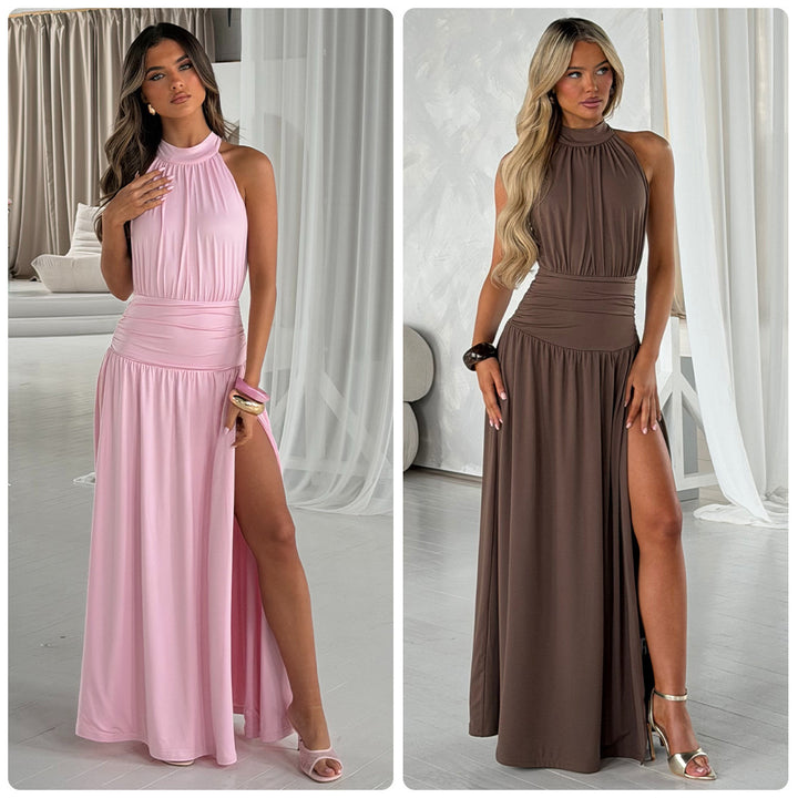 Damer Elegant Maxi Kjole med Glitrende Stof og Høj Slids Skovae