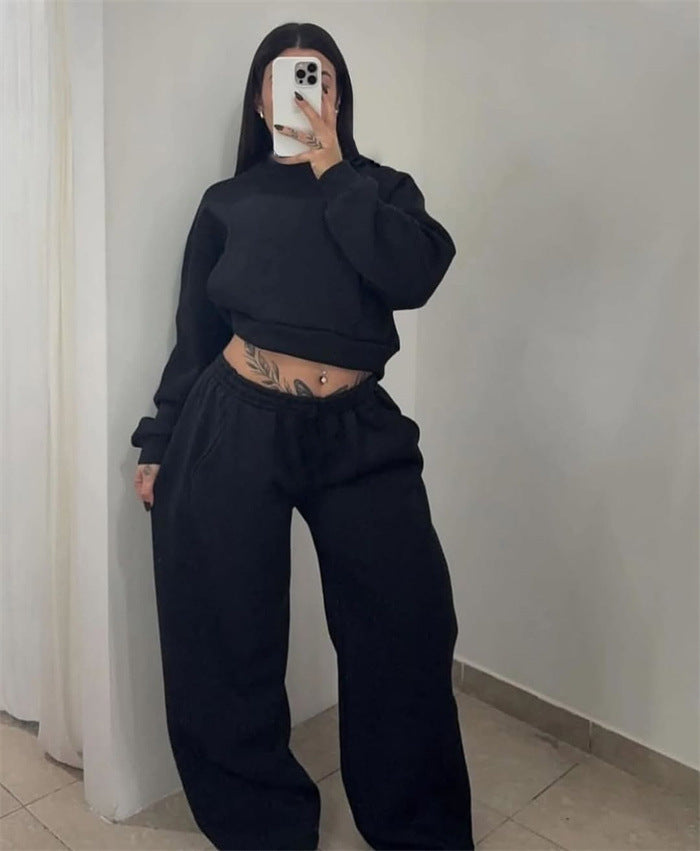 Kvinders Komfortable Sæt af Korte Sweatshirts og Bred Joggingbukser Skovae