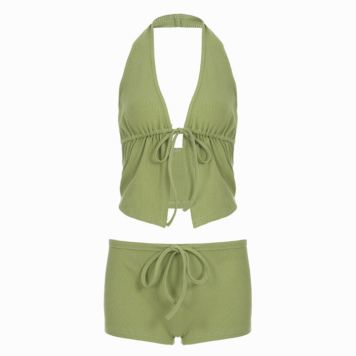 Damen elegantes Halter-Top mit herausragender Raffung und kurzen Shorts Skovae