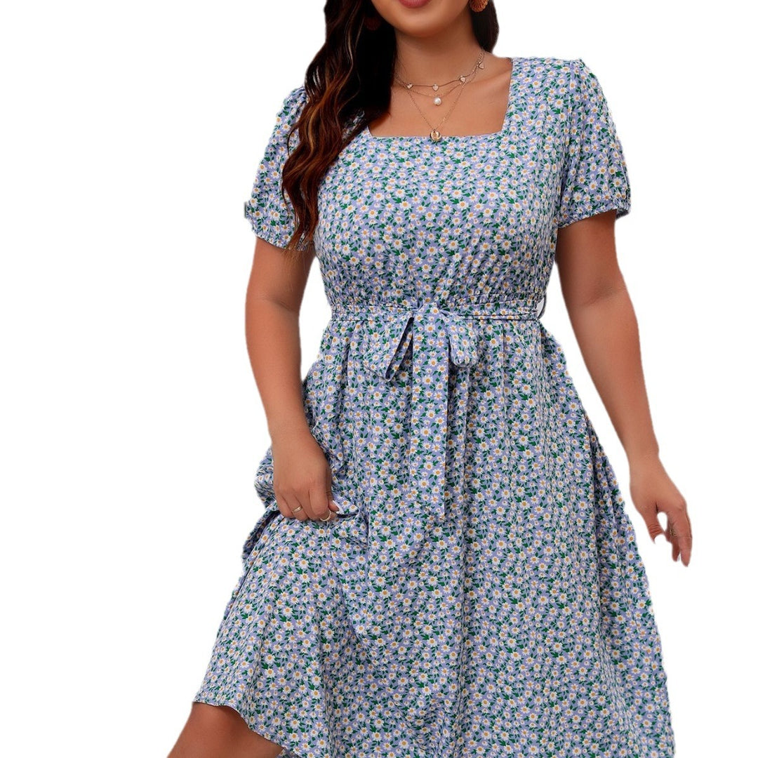 Dame Midi Kjole med blomsterprint og puffærmer Skovae