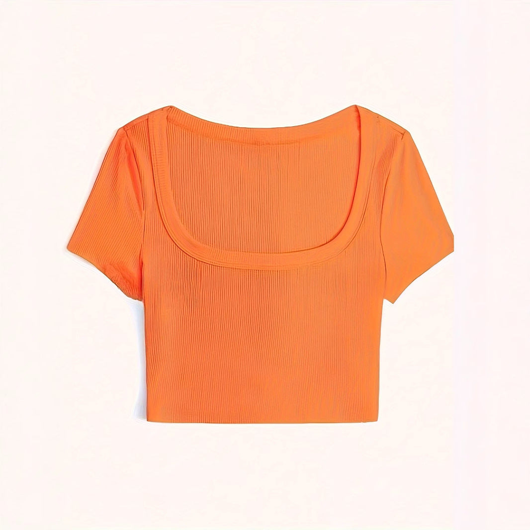 Dame Crop-top med dybt udskåret bådudskæring og ribstruktur Stilla
