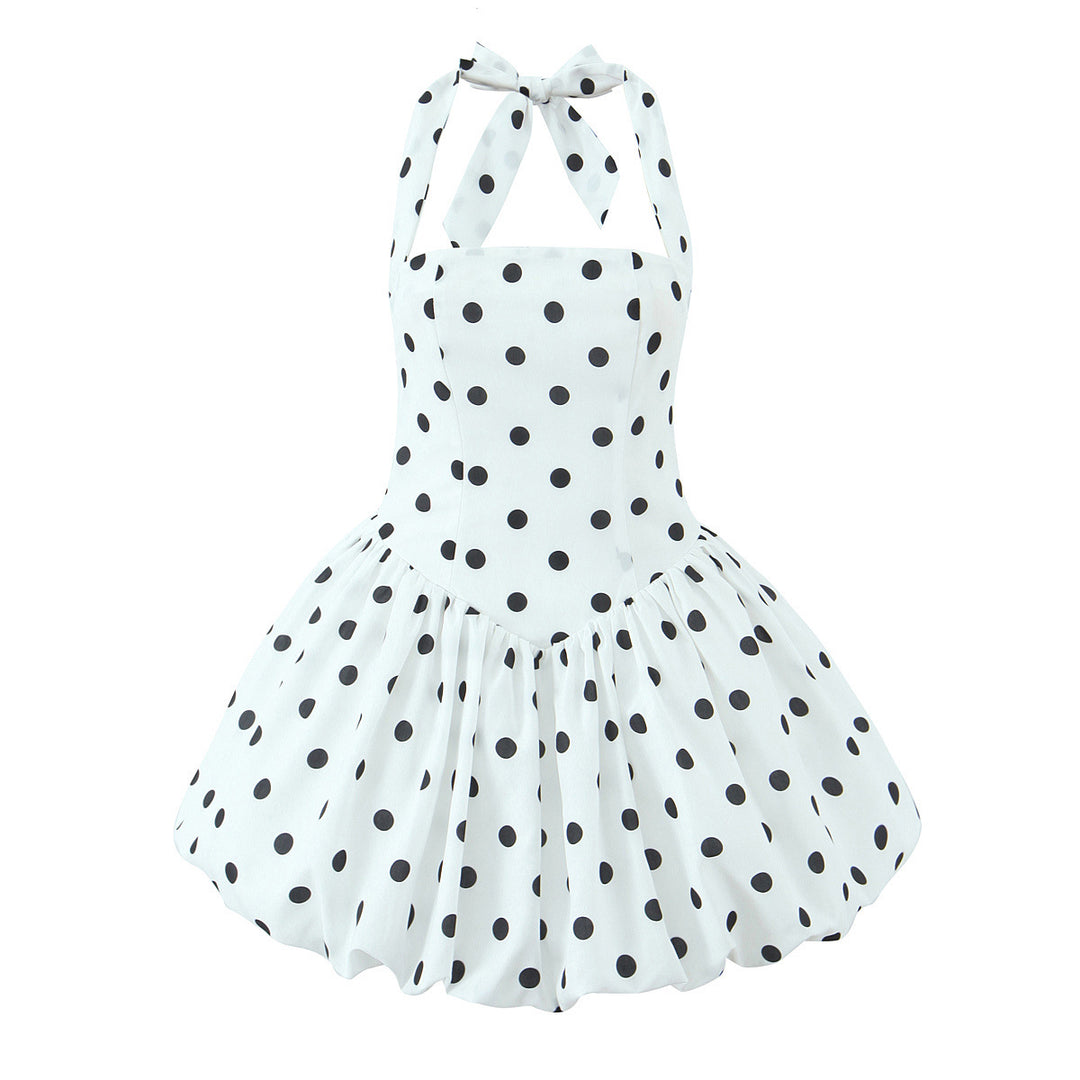 Dame A-linje sommerkjole med polka-dots og flæser Stilla