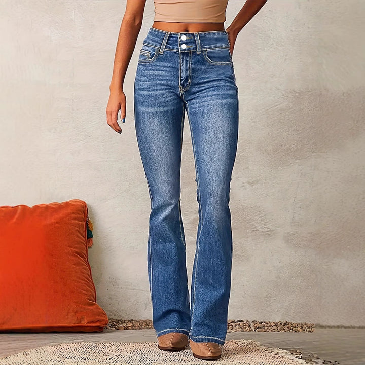 Dame Højskåret Flared Jeans med figurformende snit og fashionable knapdetaljer Stilla