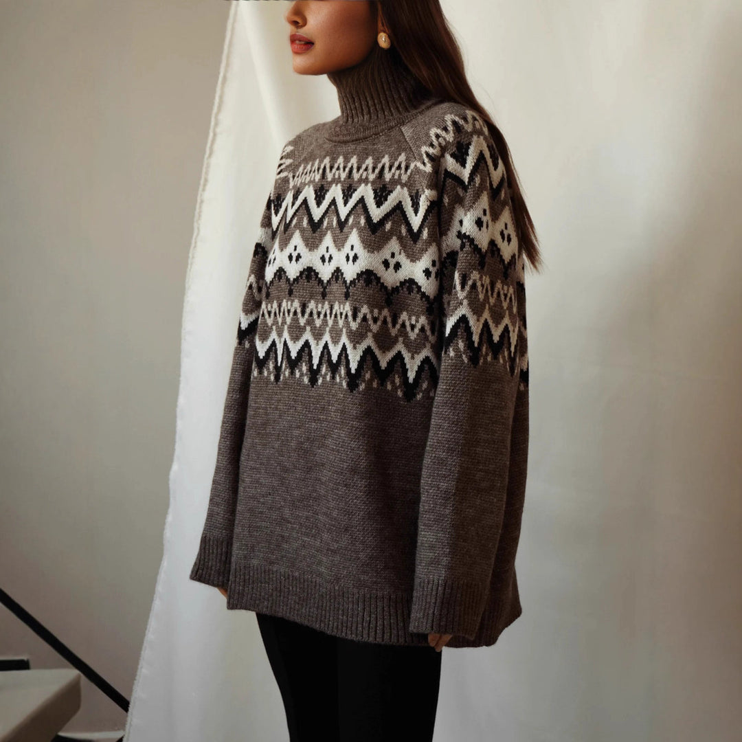 Kvinders chunky strik sweater med høj krave og geometrisk mønster Stilla