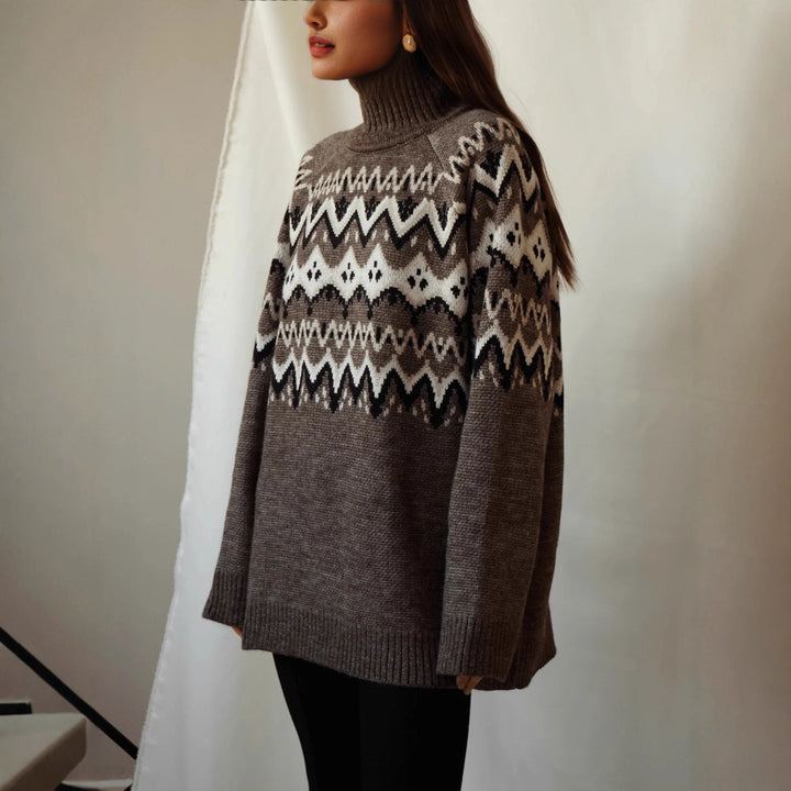 Kvinders chunky strik sweater med høj krave og geometrisk mønster Stilla